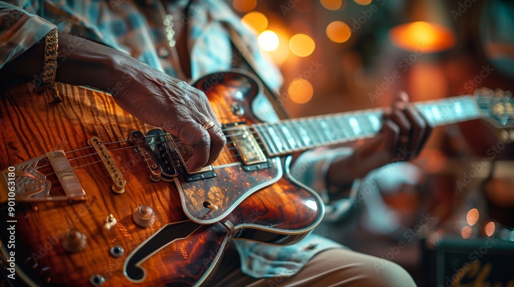 Fototapeta premium Veteran Jazz Guitarist Playing Electric Guitar On Stage Capturing Expressive Fingerwork Warm Lighting And Authentic Live Music Atmosphere