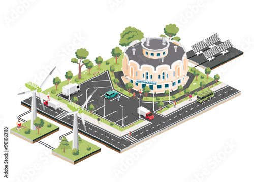 Isometric shopping mall with solar panels and wind turbine. Infographic element. Supermarket building. People, trucks and trees with green leaves isolated on white background.
