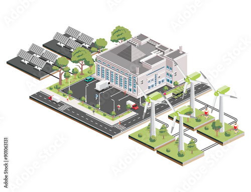 Isometric shopping mall with solar panels and wind turbine. Infographic element. Supermarket building. People, trucks and trees with green leaves isolated on white background.