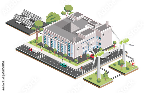 Isometric shopping mall with solar panels and wind turbine. Infographic element. Supermarket building. People, trucks and trees with green leaves isolated on white background.