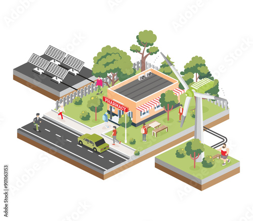 Isometric pharmacy store building with solar panels and wind turbine. Green eco friendly house. Infographic element. Green trees. Exterior of pharmacy drugstore.