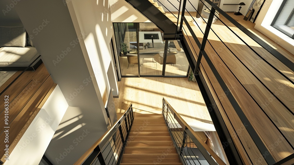 Stylish Contemporary Staircase with Wooden Steps and Black Railing: A Generative AI Perspective