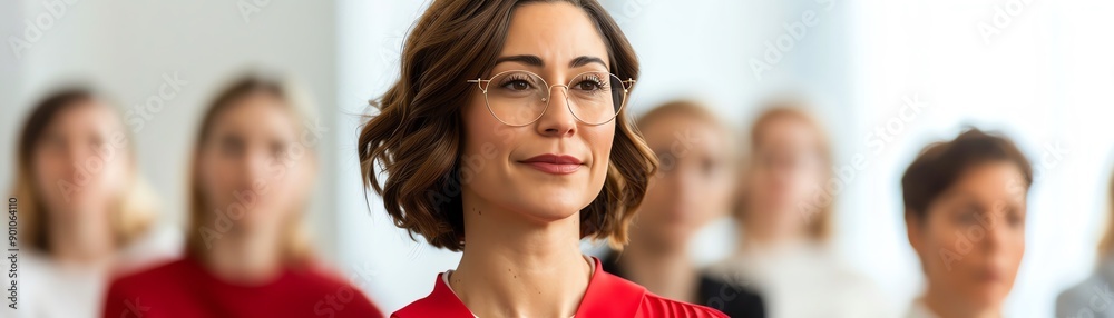 Confident woman in glasses standing out in a group, showcasing leadership and empowerment in a professional environment. Confident woman in glasses standing out in a group, showcasing leadership and empowerment in a professional environment.