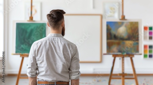 A male artist in a studio stands in front of paintings on easels, contemplating his work. The room is bright and organized. photo