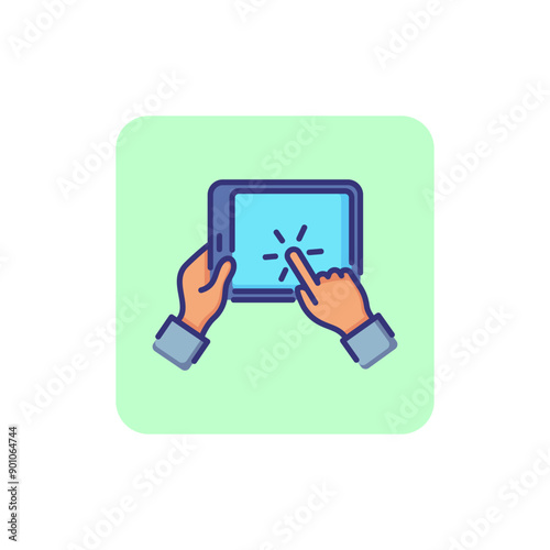 Touchscreen line icon. Digital tablet, computer, user. Application concept. Vector illustration can be used for topics like technology, communication, game