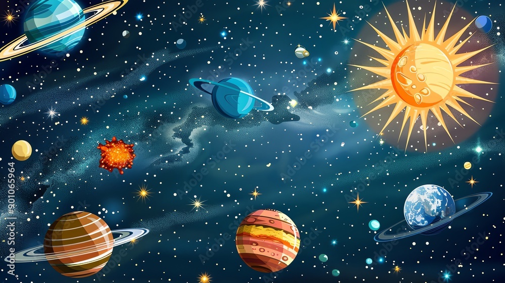 A cartoon illustration of a solar system with planets and stars. A cartoon illustration of a solar system with planets and stars.