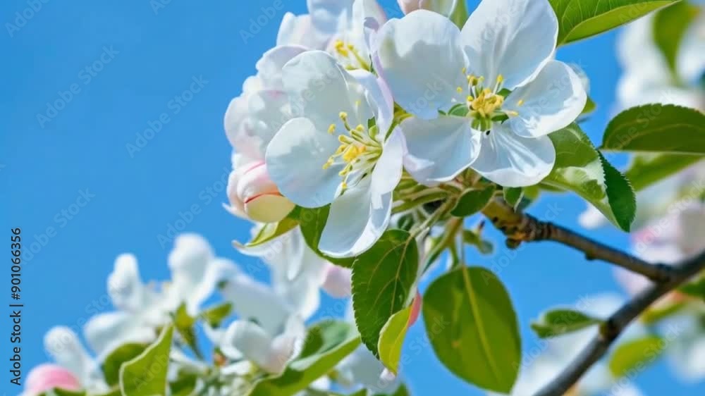 Close-up of apple blossoms with white flowers against clear blue sky Close-up of apple blossoms with white flowers against clear blue sky