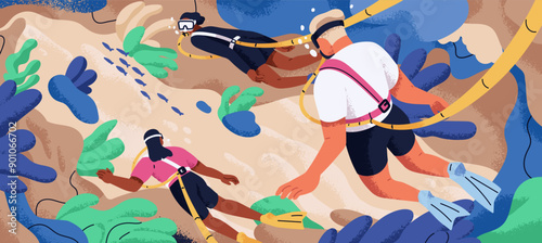 Free diving and underwater swimming. People divers, under water swimmers hanging, anchoring on ropes with goggles. Exploring coral reefs, seabed and marine landscape. Flat vector illustration