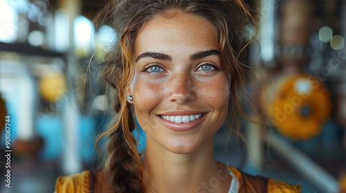 Happy Female Industrial Worker at Port with Equipment