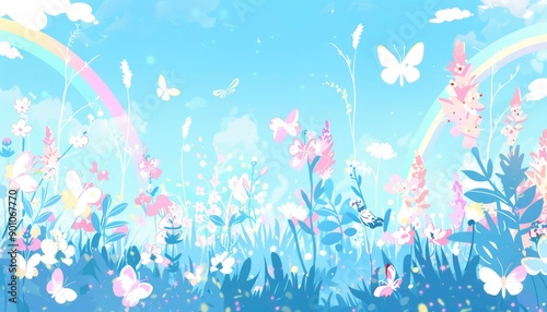 Whimsical Floral Meadow with Butterflies and Rainbow