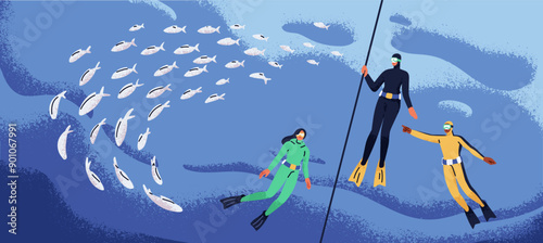 Divers group underwater, school of fish. People swimming in deep sea, under water. Hookah diving equipment, rope. Marine adventure, travel, exploring ocean life, panorama. Flat vector illustration