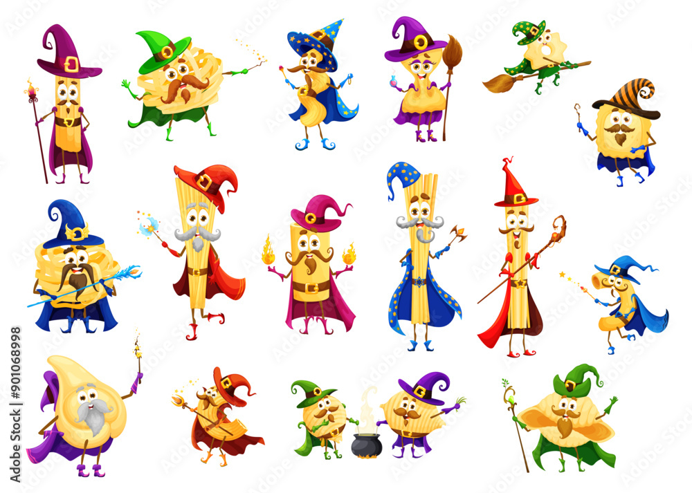 Cartoon halloween italian pasta wizard, mage and witch characters. Spaghetti, conchiglie, farfalle, maccheroni and tortellini, cannelloni, stelle pasta sorcerer cheerful vector personages with scepter Cartoon halloween italian pasta wizard, mage and witch characters. Spaghetti, conchiglie, farfalle, maccheroni and tortellini, cannelloni, stelle pasta sorcerer cheerful vector personages with scepter