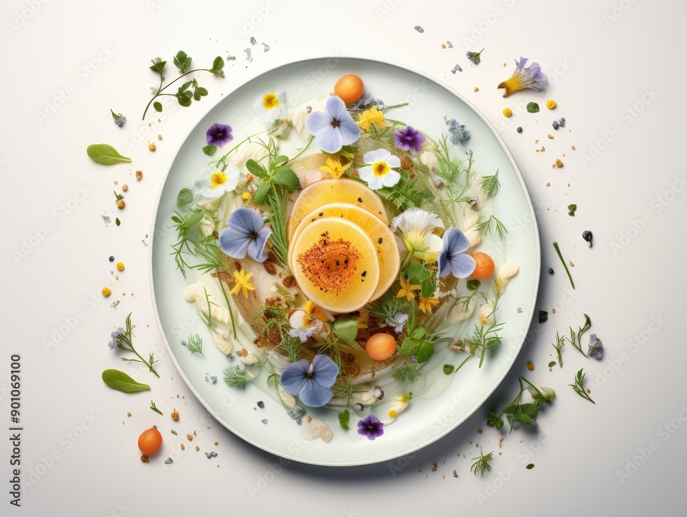 A beautifully arranged plate featuring vibrant flowers and fresh ingredients, showcasing culinary artistry and nature's beauty. A beautifully arranged plate featuring vibrant flowers and fresh ingredients, showcasing culinary artistry and nature's beauty.