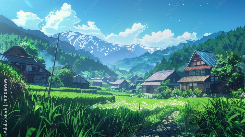 Fototapeta premium Anime style rural village and mountain landscape, perfect for tranquil nature backgrounds.