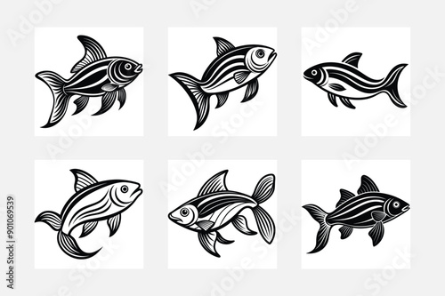 Fish icon set white background modern artwork
 photo