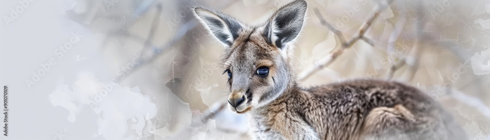 Fototapeta premium A beautiful close-up of a young kangaroo, showcasing its delicate features and soft fur in a serene natural setting.