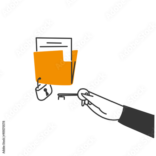 hand drawn doodle folder document locke with padlock and key to open it