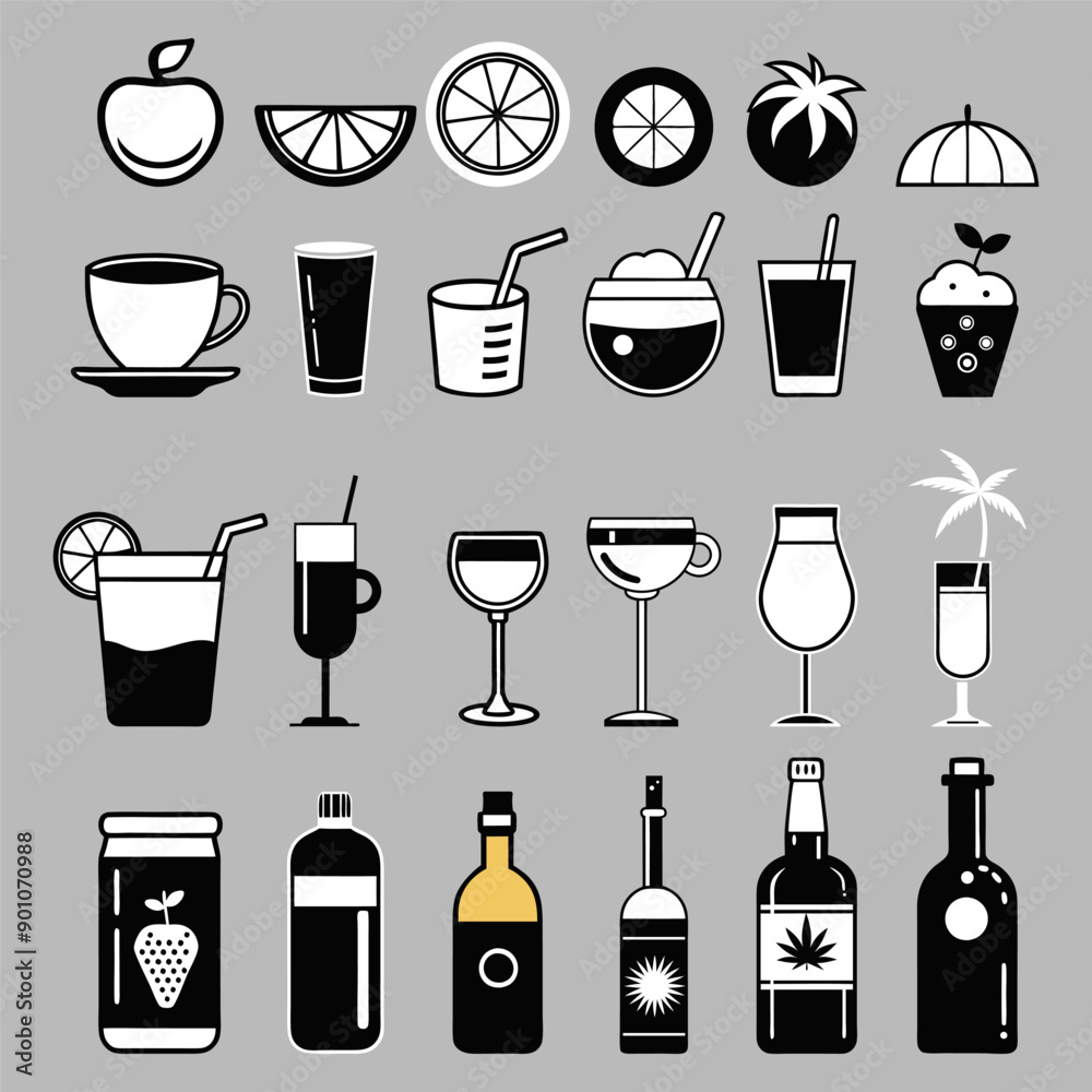 Drink Icon Set. Cup, Glass, Bottle Templates for Social Media, Card, Banner, Poster, Menu. Cocktail Bar Icons Collection Minimal Style Vector Illustration for Modern Design, Menu, Web