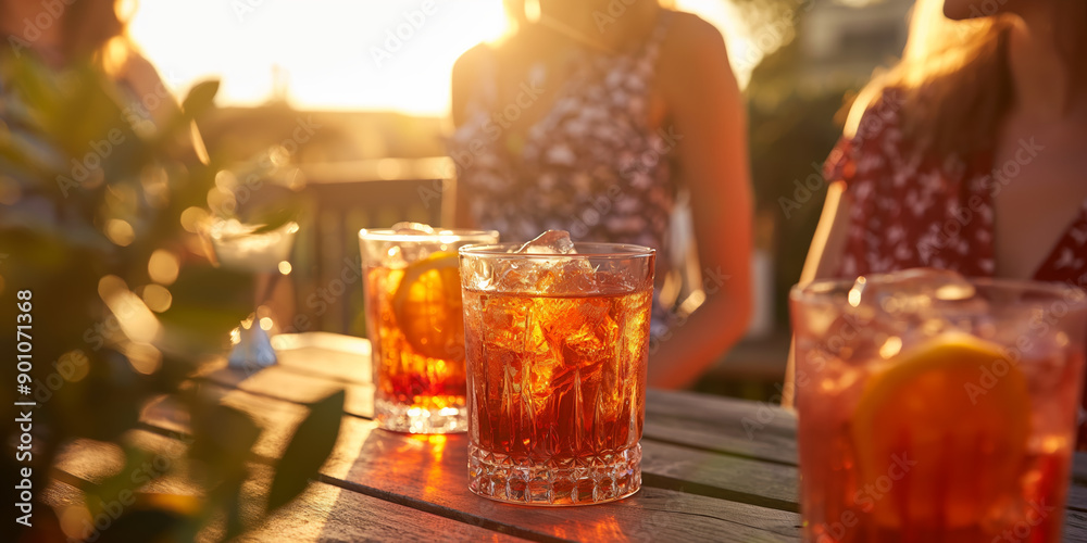 Summer Evening Outdoor Gathering with Refreshing Drinks and Friends at Sunset