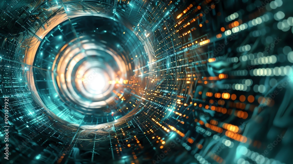 Abstract tunnel background depicting transformation through algorithms and networked systems Abstract tunnel background depicting transformation through algorithms and networked systems