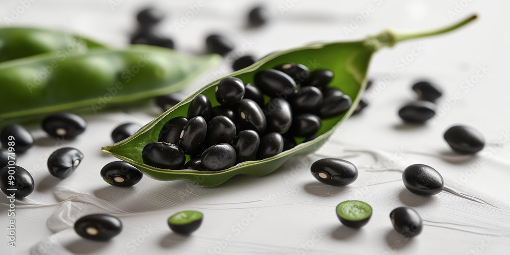 Freshly Harvested Black Beans in Open Pod on Rustic White Surface Freshly Harvested Black Beans in Open Pod on Rustic White Surface