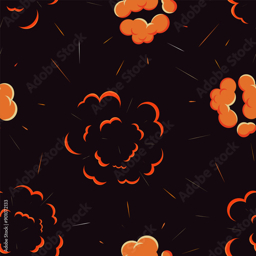 Seamless explosion, boom pattern. Burst, bang, fire blast, endless design. Re...