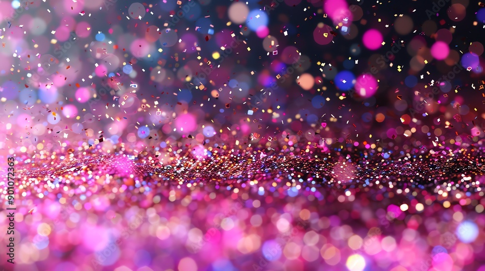 Confetti falls on a pink, sparkly surface. Confetti falls on a pink, sparkly surface.