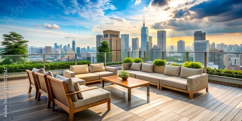 serene outdoor seating area with cityscape view Generative AI, coffee shop, greenery, park bench