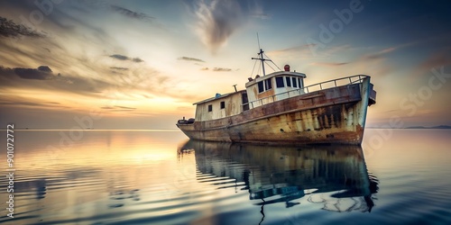 Abandoned vessel floating aimlessly on openwaters Generative AI, boat, abandoned, waves, lost photo