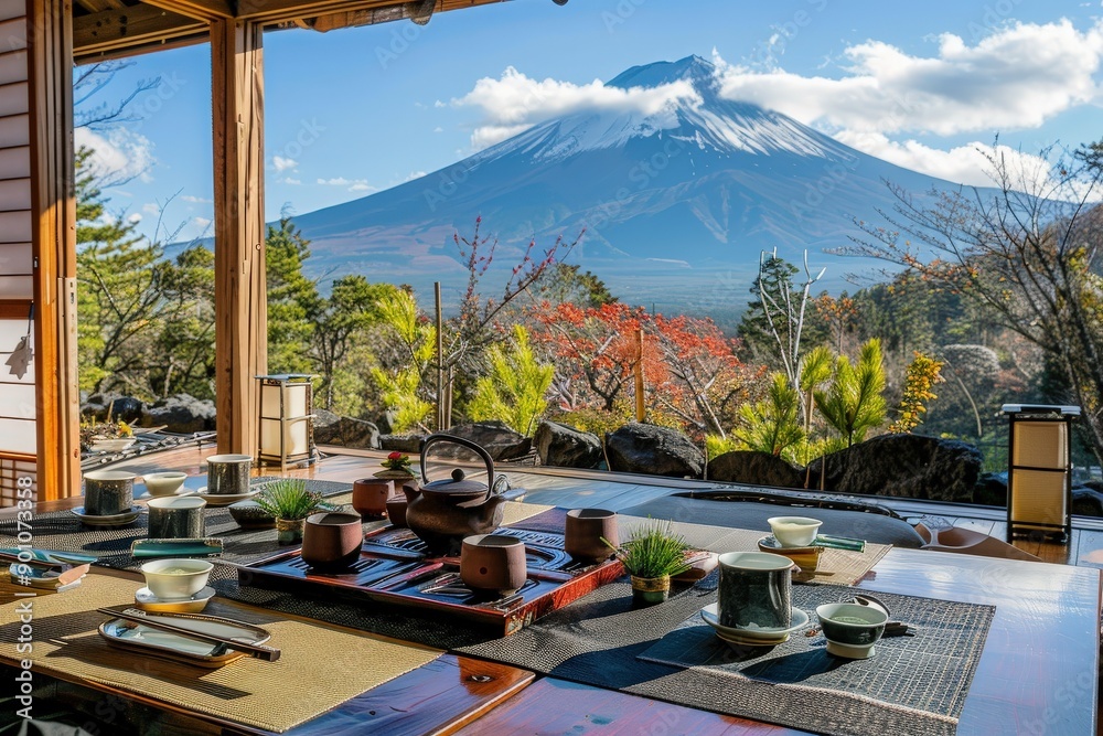 Serene view of Mount Fuji from a traditional Japanese teahouse ...