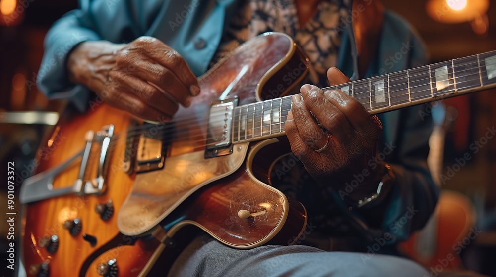 Obraz premium Experienced Jazz Guitarist Performing Live On Stage With Warm Lighting And Authentic Musical Energy