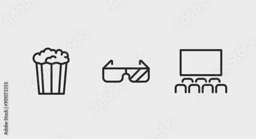 Popcorn, 3D Glasses, Cinema icons. Movie theater icons set. Popcorn, 3D Glasses, Movie Screen icons isolated on white background. Vector illustration.