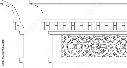Sketch vector illustration silhouette drawing architectural engineering design cornices and moldings for facades vintage classic ethnic