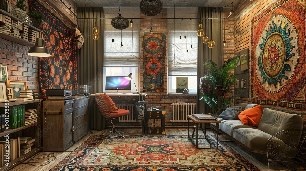 Cozy Office Interior Featuring a Workplace and Wall Tapestries Cozy Office Interior Featuring a Workplace and Wall Tapestries