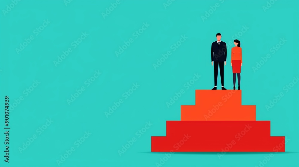 Illustration of business people standing on red steps against blue background, symbolizing success and leadership in business. Illustration of business people standing on red steps against blue background, symbolizing success and leadership in business.