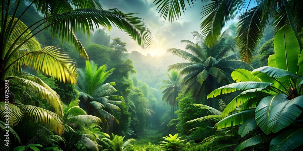 Vibrant foliage stretches towards the sky, kaleidoscope of colors in lush tropical jungle atmosphere. Creative AI Vibrant foliage stretches towards the sky, kaleidoscope of colors in lush tropical jungle atmosphere. Creative AI