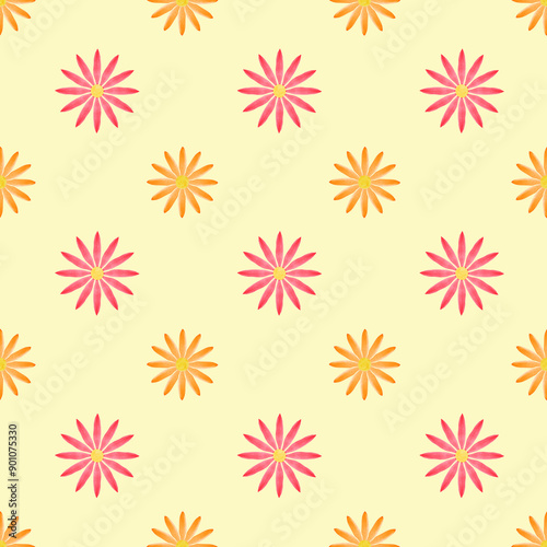 seamless pattern: purple and orange flowers against light yellow background