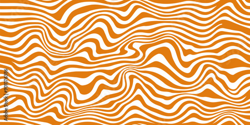 Wavy caramel seamless pattern, swirl peanut background. Vector abstract distorted ornament with beige and white stripes. Dynamic caramel backdrop with optical illusion. Sweet candy psychedelic texture