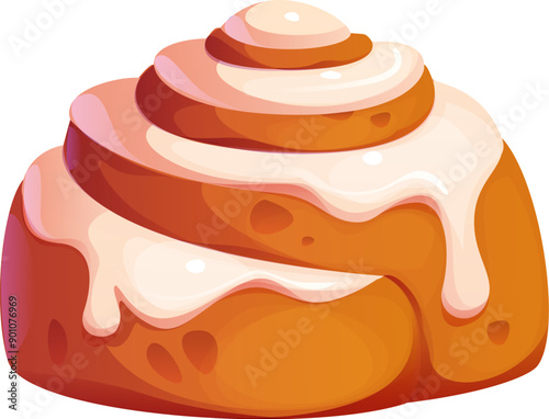 Cartoon cinnamon roll confectionery and sweet pastry made from a yeast-leavened dough, rolled up with a cinnamon-sugar filling, dripping over its golden brown spirals. Vector warm, gooey dessert treat