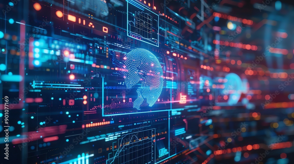 Digital illustration of a futuristic interface with a blue glowing earth, red and blue lights, and other data representations. Digital illustration of a futuristic interface with a blue glowing earth, red and blue lights, and other data representations.