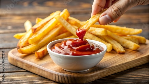 hand dips french fries in ketchup, french fries with ketchup, fastfood