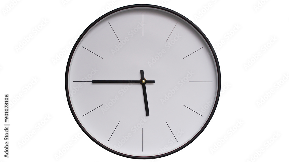 Minimalist White face and Black frame Wall Clock on White background - Perfect for Time Management and Scheduling Concepts - 17.45, 5.45 Minimalist White face and Black frame Wall Clock on White background - Perfect for Time Management and Scheduling Concepts - 17.45, 5.45