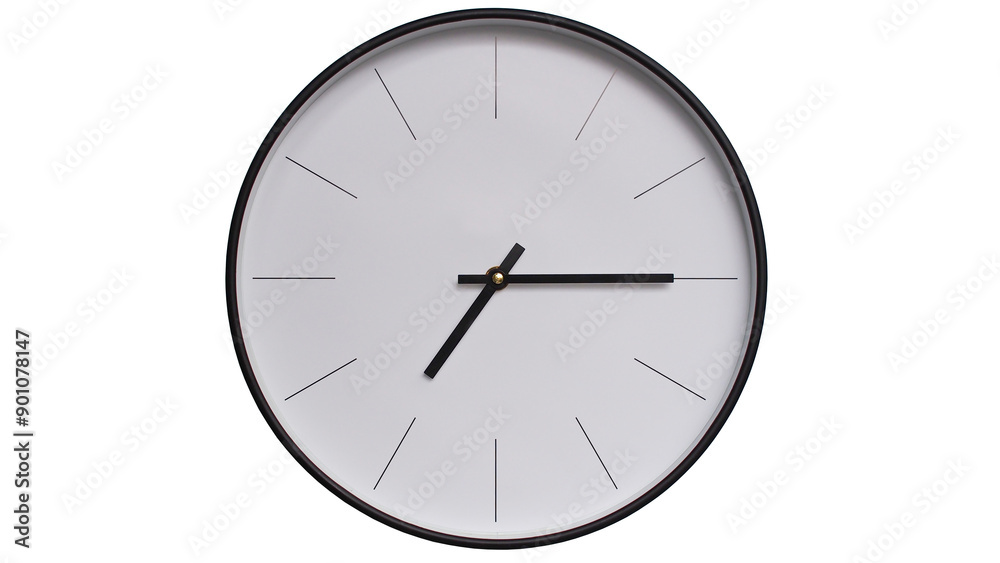 Minimalist White face and Black frame Wall Clock on White background - Perfect for Time Management and Scheduling Concepts - 19.15, 7.15 Minimalist White face and Black frame Wall Clock on White background - Perfect for Time Management and Scheduling Concepts - 19.15, 7.15