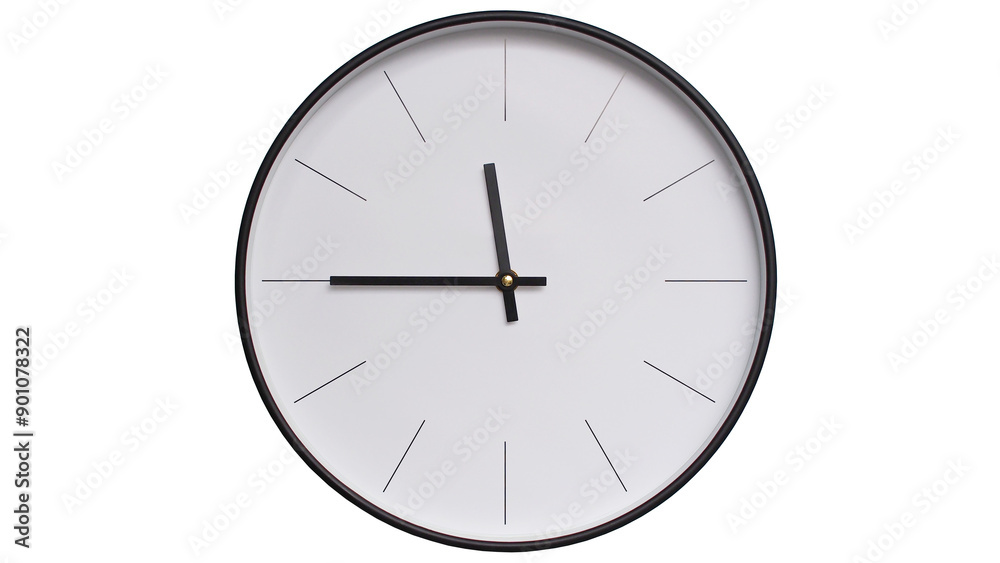 Minimalist White face and Black frame Wall Clock on White background - Perfect for Time Management and Scheduling Concepts - 11.45, 23.45 Minimalist White face and Black frame Wall Clock on White background - Perfect for Time Management and Scheduling Concepts - 11.45, 23.45