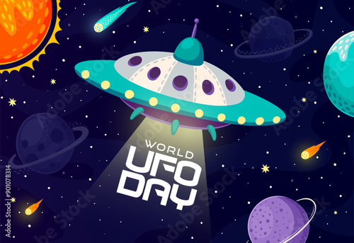 World ufo day banner features cartoon alien saucer emitting a beam of light with planets, stars, and comets in the galaxy space background. Vector and festive banner celebrating world ufo day