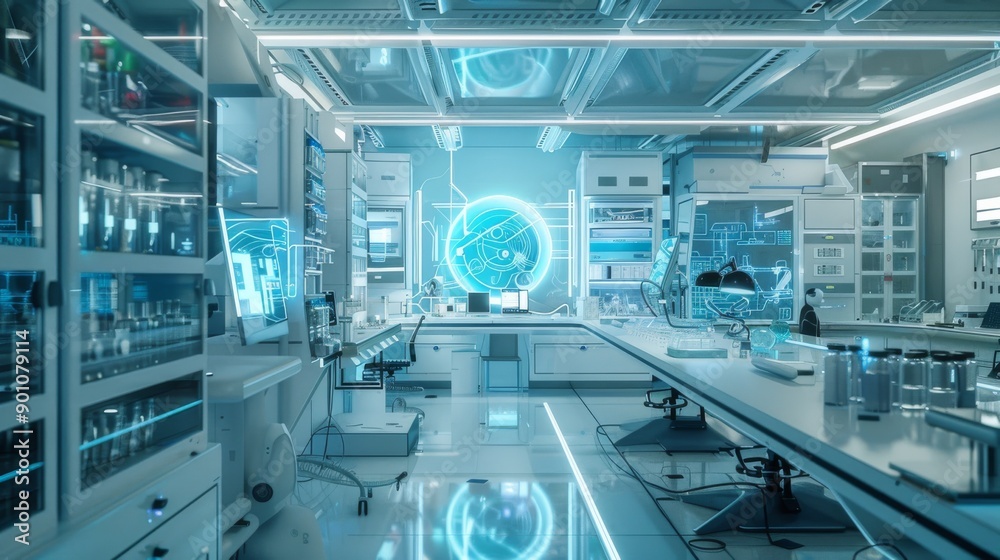 Futuristic Laboratory Interior with Holographic Displays. Futuristic Laboratory Interior with Holographic Displays.