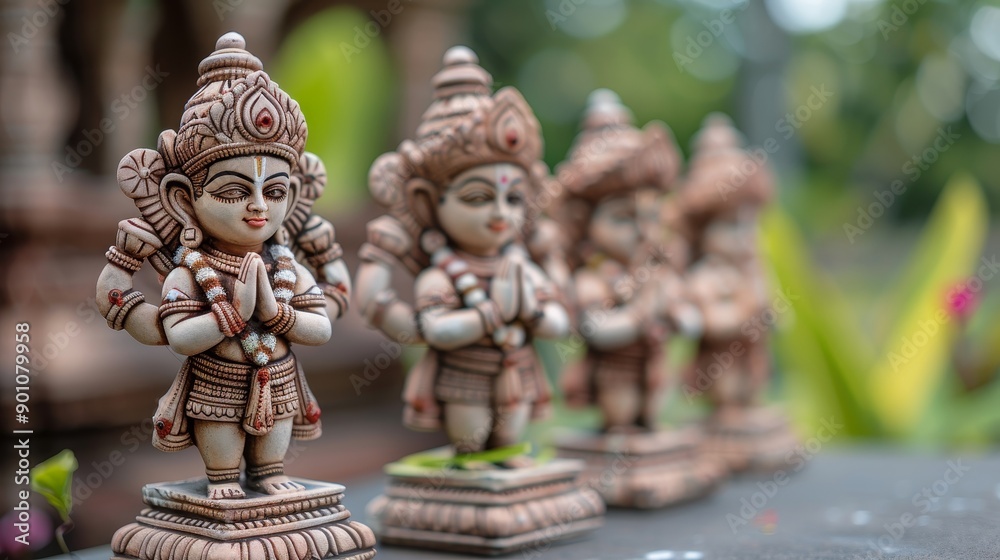 A row of statues of Hindu gods and goddesses A row of statues of Hindu gods and goddesses
