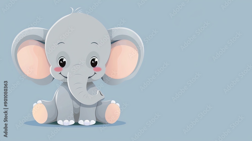 A cartoon illustration of a cute baby elephant with big ears sitting on a blue background. A cartoon illustration of a cute baby elephant with big ears sitting on a blue background.