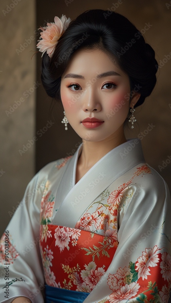 A woman in a kimono with a pink flower on her hair. A woman in a kimono with a pink flower on her hair.
