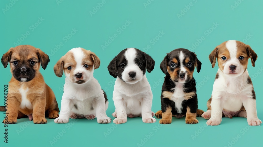A row of five adorable puppies sitting in front of a teal background. A row of five adorable puppies sitting in front of a teal background.